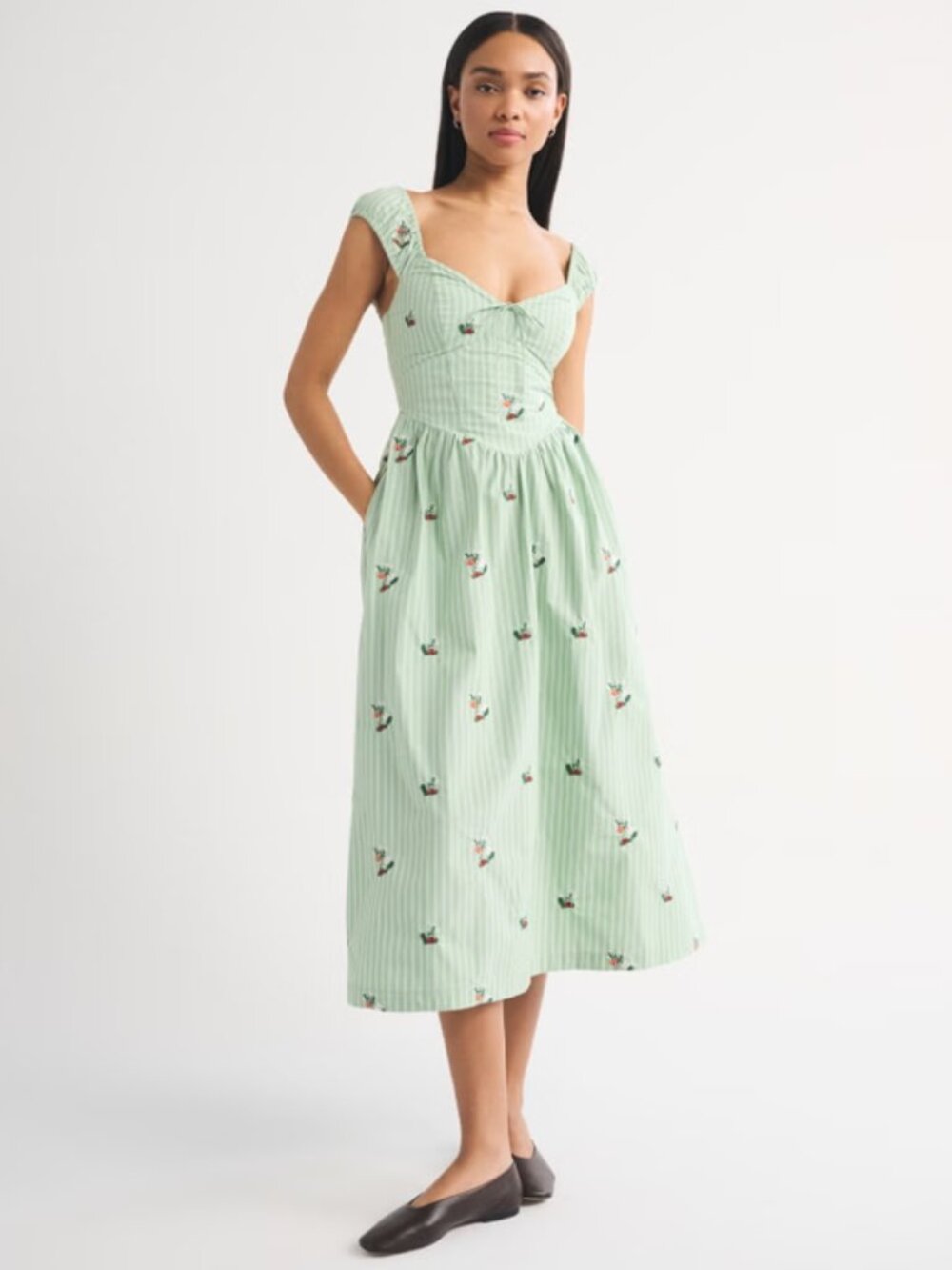 Bra-Free Cap Sleeve Dipped Waist Midi Dress